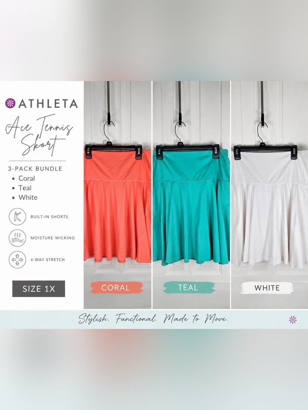 Athleta Ace Tennis Skort Bundle Size 1X White Teal Coral